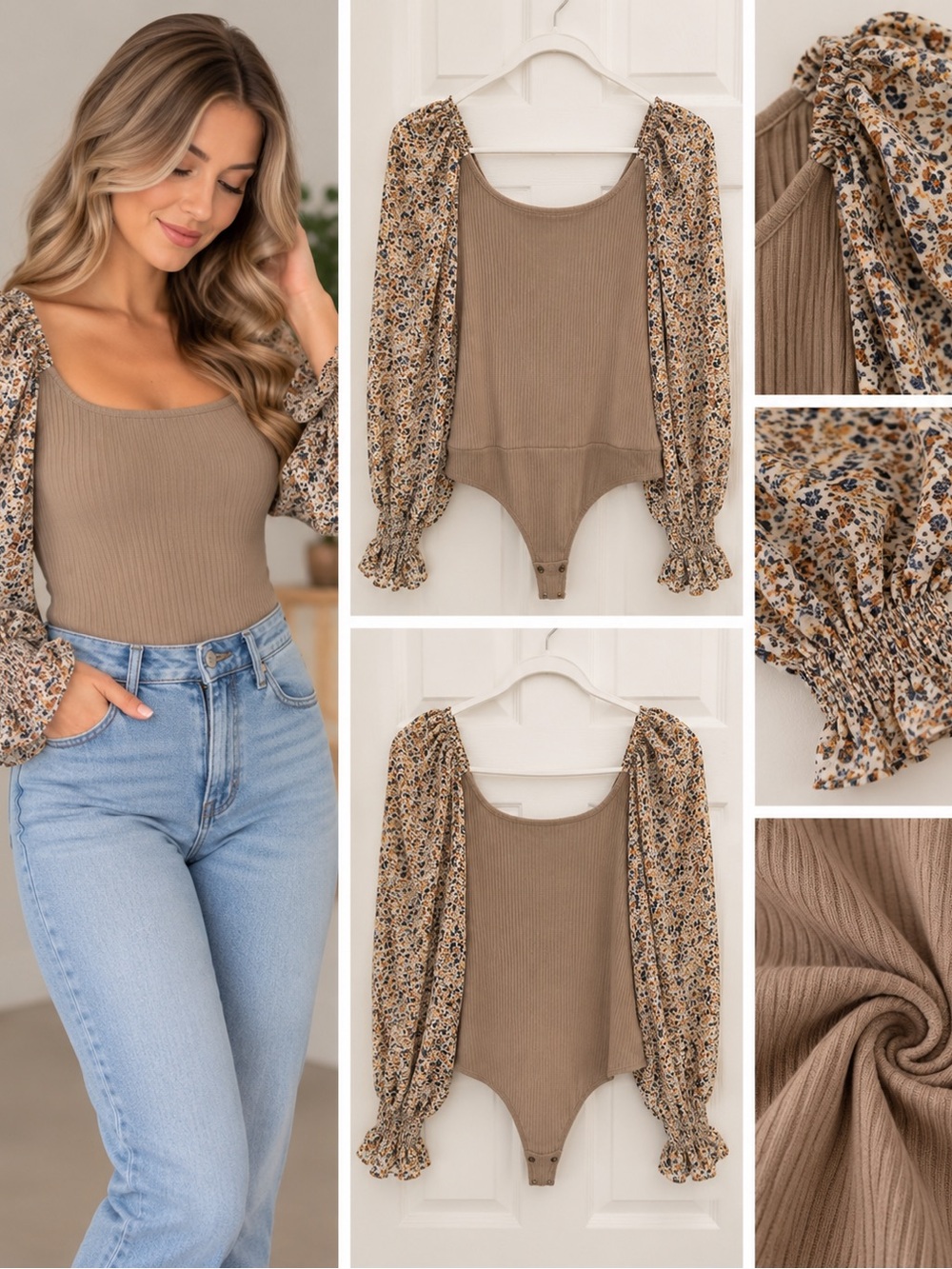 Promesa Taupe Ribbed Bodysuit with Floral Puff Sleeves